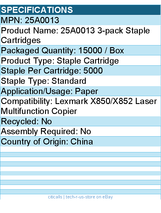 Lexmark 25A0013 Staple Cartridge - for X850/X852 Laser Multifunction Copier