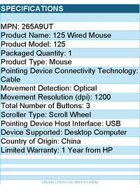 HP 265A9UT 125 Wired Mouse - Optical - Cable - USB - 1200 dpi - Scroll Wheel