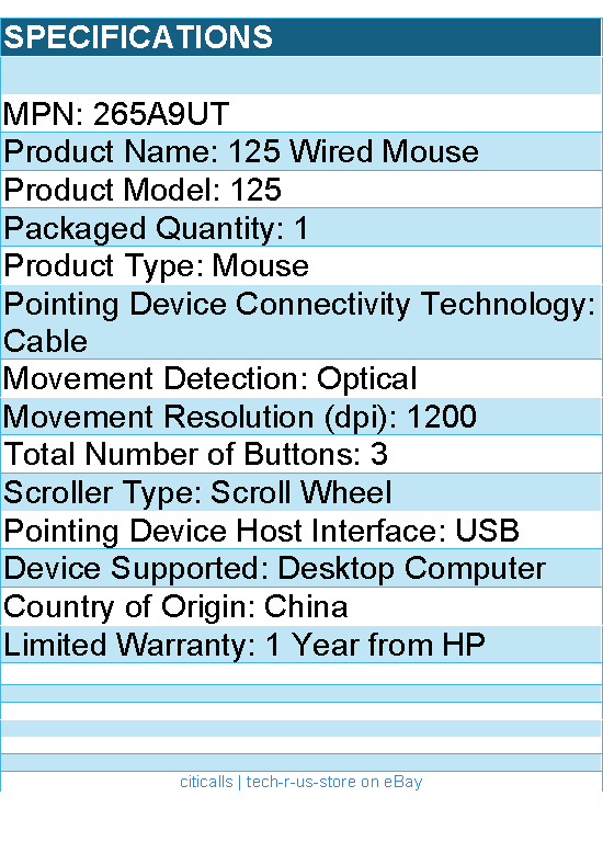 HP 265A9UT 125 Wired Mouse - Optical - Cable - USB - 1200 dpi - Scroll Wheel