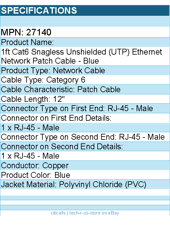 C2G 27140 1ft Cat6 Snagless Unshielded UTP Ethernet Network Patch Cable- Blue
