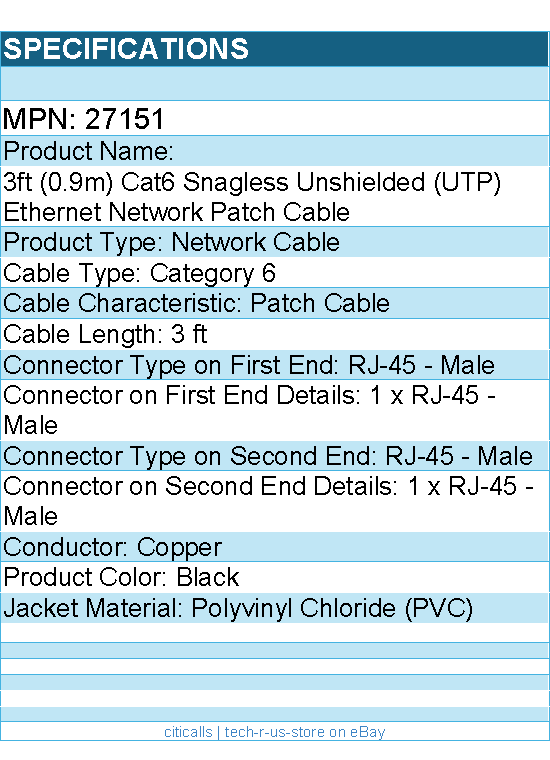 C2G 27151 3ft Cat6 Snagless Unshielded UTP Ethernet Network Patch Cable - Black