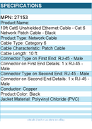 C2G 27153 10ft Cat6 Snagless Unshielded UTP Ethernet Network Patch Cable