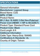 C2G 27398 6ft Power Cord - Non Polarized Power Cord - NEMA 1-15P to IEC320C7