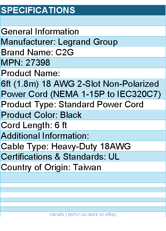 C2G 27398 6ft Power Cord - Non Polarized Power Cord - NEMA 1-15P to IEC320C7