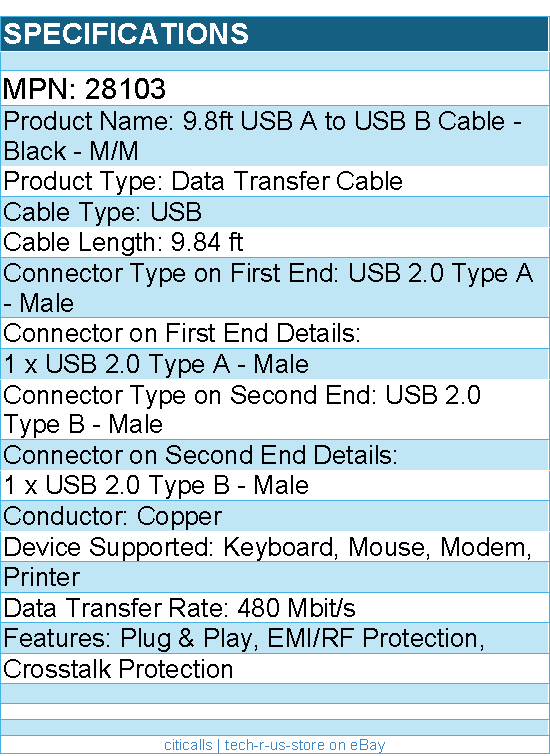 C2G 28103 3m (9.8ft) USB 2.0 Cable - USB Cable - Type USB A to Type USB B