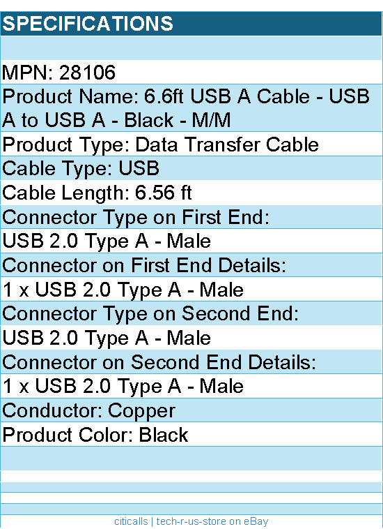 C2G 28106 2m USB Cable - USB 2.0 A to USB A - M/M - 6.56 ft - Black