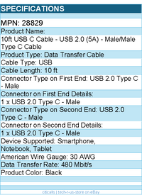 C2G 28829 10ft USB C Cable - USB 2.0 5A - M/M for Smartphone, Notebook, Tablet