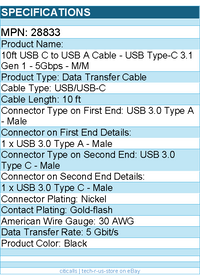 C2G 28833 10ft USB-C to USB-A SuperSpeed USB Cable - Male to Male, 5Gbps