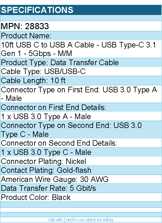 C2G 28833 10ft USB-C to USB-A SuperSpeed USB Cable - Male to Male, 5Gbps