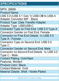 C2G 28868 USB 3.0 (USB 3.1 Gen 1) USB-C® to USB-A Adapter Converter M/F - Black