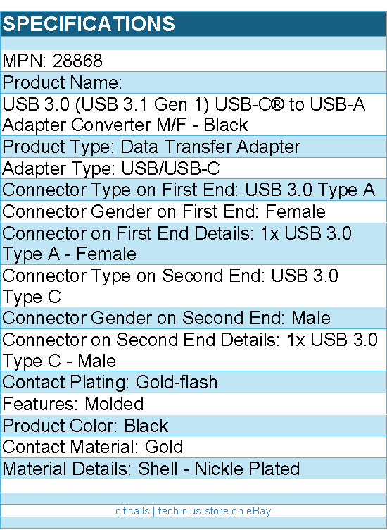 C2G 28868 USB 3.0 (USB 3.1 Gen 1) USB-C® to USB-A Adapter Converter M/F - Black