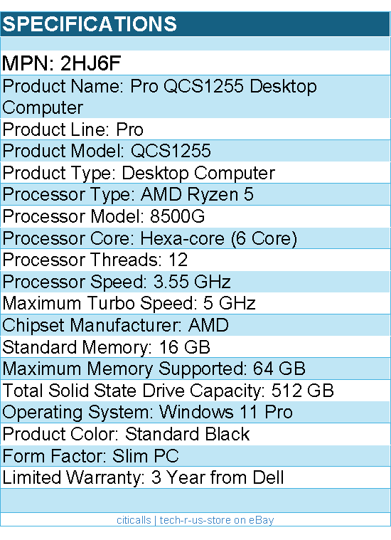 Dell 2HJ6F Pro QCS1255 Desktop Computer - AMD Ryzen 5 8500G - Slim PC