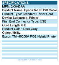 HP 2KH43AA 6 ft USB Dark Gray Cable for Epson TM-H6000V POS Hybrid Printer
