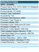 Dell 2KWMD Pro 14 PC14255 14" Notebook - Full HD Plus - 60 Hz - AMD Ryzen 5