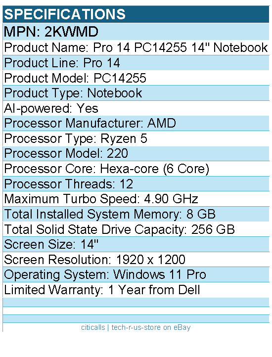 Dell 2KWMD Pro 14 PC14255 14" Notebook - Full HD Plus - 60 Hz - AMD Ryzen 5