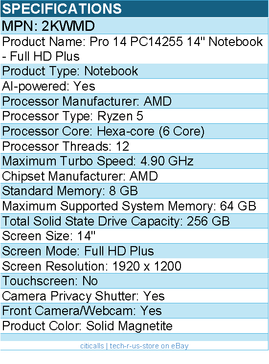Dell 2KWMD Pro 14 PC14255 14" Notebook - AMD Ryzen 5 - Solid Magnetite