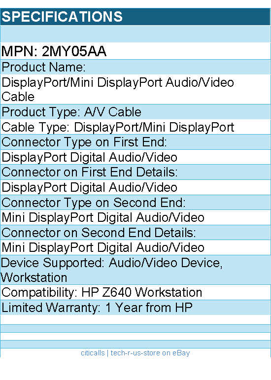 HP 2MY05AA DisplayPort/Mini DisplayPort Audio/Video Cable
