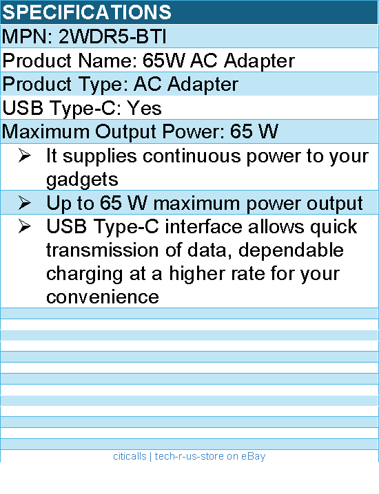 BTI 2WDR5-BTI 65W TYPE-C AC ADAPTER - Compatible OEM: 2WDR5