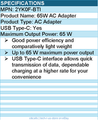 BTI 2YK0F-BTI 65W TYPE-C AC ADAPTER - Compatible OEM: 2YK0F