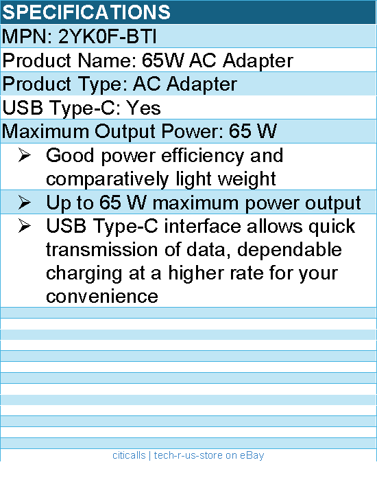 BTI 2YK0F-BTI 65W TYPE-C AC ADAPTER - Compatible OEM: 2YK0F