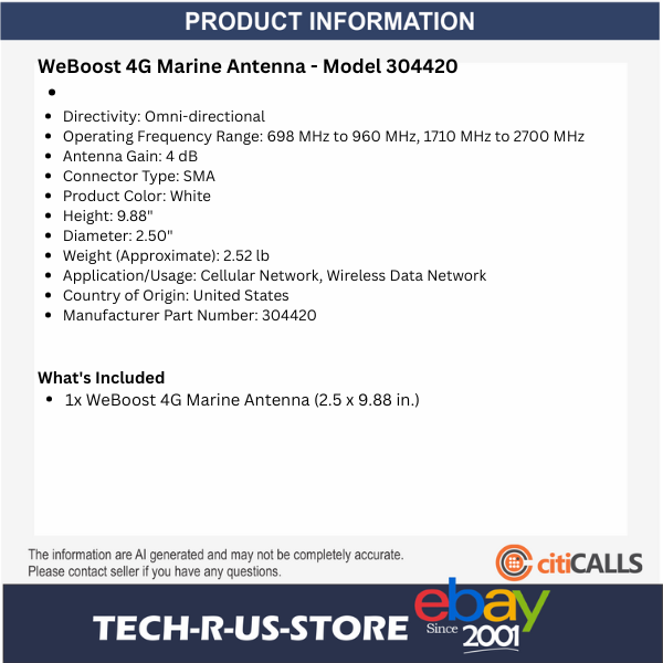 Wilson WeBoost 304420 4G Marine Antenna 50 Ohm Omni-Directional 4dB Gain