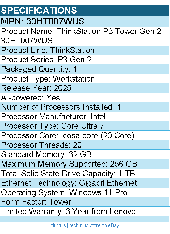 Lenovo 30HT007WUS ThinkStation P3 Gen 2 - Workstation - 1 x Intel Core Ultra 7