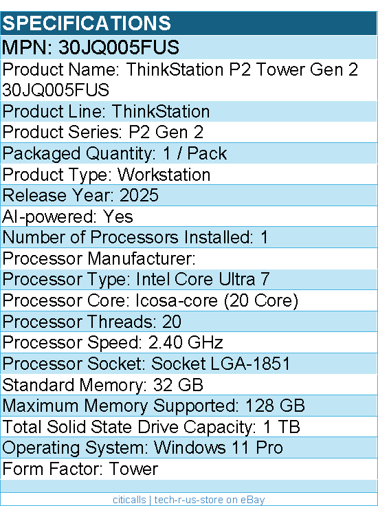 Lenovo 30JQ005FUS  ThinkStation P2 Gen 2 - Workstation - 1 x Intel Core Ultra 7