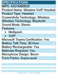 Lenovo 4XD1M80020 Wireless VoIP Headset - Microsoft Teams Certification - Stereo