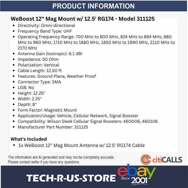 Wilson WeBoost 311125 12" Mag Mount Antenna 6.1 dBi Omni 50 Ohm 12.5' RG174