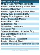 StarTech 31569-PRIVACY-SCREEN 31.5-inch 16:9 Computer Monitor Privacy Screen