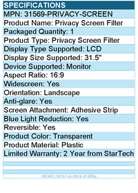 StarTech 31569-PRIVACY-SCREEN 31.5-inch 16:9 Computer Monitor Privacy Screen