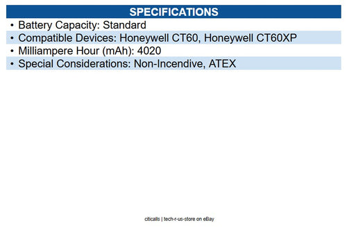 Honeywell 318-055-013 CT50-BTSC Battery For Mobile Computer Battery Rechargeable
