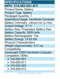 BTI 318-063-001-BTI 3.7V 5000 mAh BATTERY HONEYWELL CK65 318-063-011