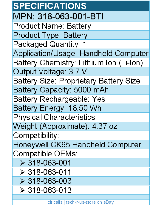 BTI 318-063-001-BTI 3.7V 5000 mAh BATTERY HONEYWELL CK65 318-063-011