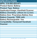 BTI 318-063-003-BTI 3.8V 4700MAH 17.86WH Li-ION SCANNER BATTERY FOR HONEYWELL