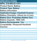 BTI 318-063-011-BTI 3.8V 4700MAH 17.86WH Li-ION SCANNER BATTERY FOR HONEYWELL