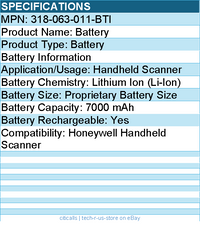 BTI 318-063-011-BTI 3.8V 4700MAH 17.86WH Li-ION SCANNER BATTERY FOR HONEYWELL