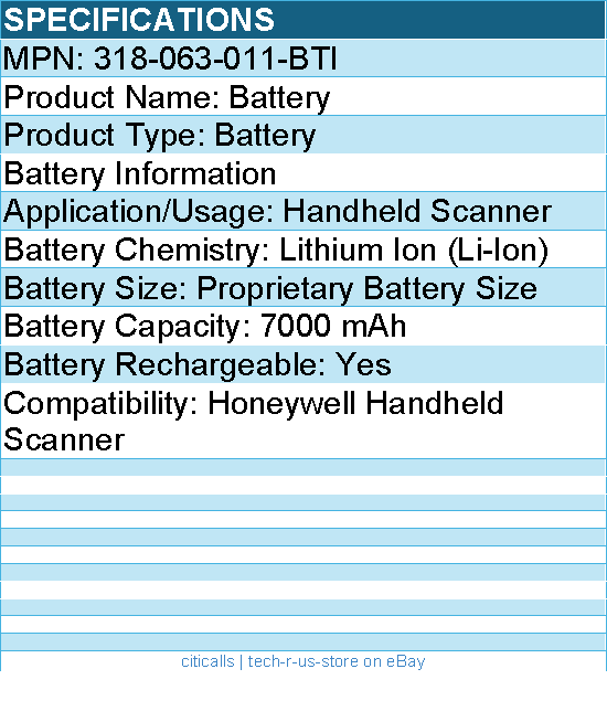 BTI 318-063-011-BTI 3.8V 4700MAH 17.86WH Li-ION SCANNER BATTERY FOR HONEYWELL