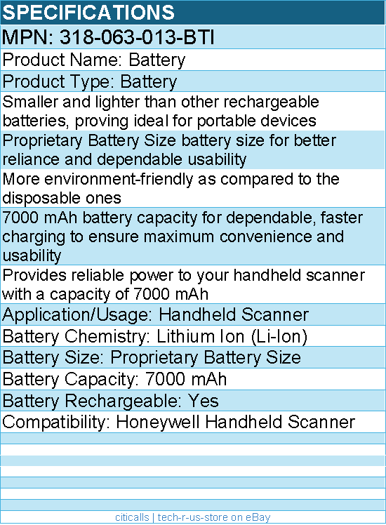 BTI 318-063-013-BTI 318-063-001-BTI 3.8V 4700MAH 17.86WH Li-ION SCANNER BATTERY