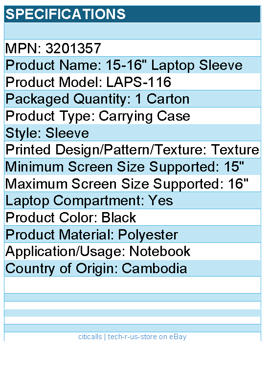 Case Logic 3201357 LAPS-116 Carrying Case (Sleeve) for 15" to 16" Notebook
