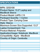 Case Logic 3203108 LAPS-113 Carrying Case (Sleeve) for 13.3" Notebook, MacBook