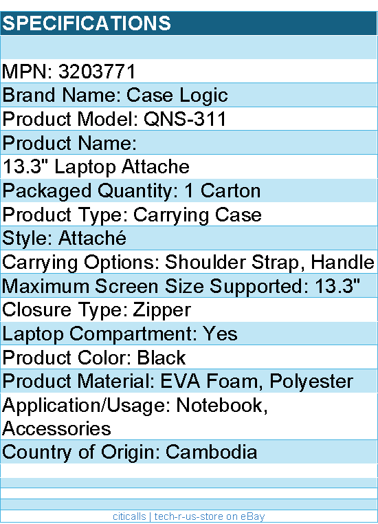 Case Logic 3203771 QNS-311 Carrying Case (AttachÃ©) for 13.3" Notebook