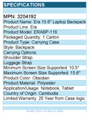 Case Logic 3204192 Era Carrying Case (Backpack) for 10.5" to 15.6" Notebook