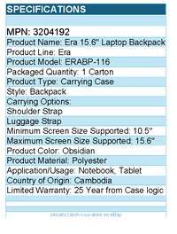 Case Logic 3204192 Era Carrying Case (Backpack) for 10.5" to 15.6" Notebook