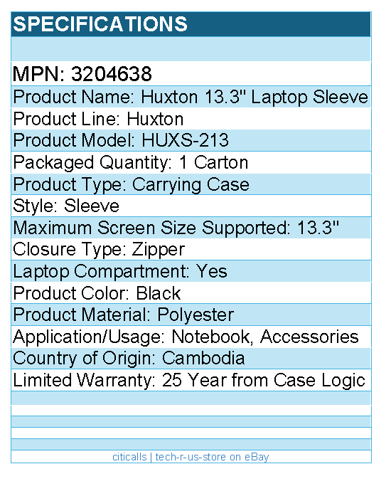 Case Logic 3204638 Huxton Carrying Case (Sleeve) for 13.3" Notebook