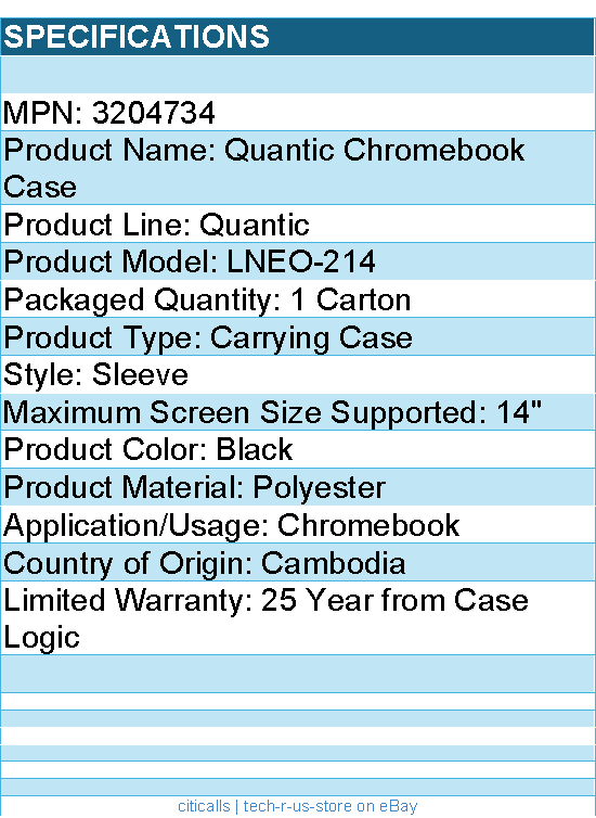 Case Logic 3204734 Quantic LNEO-214 Carrying Case (Sleeve) for 14" Chromebook