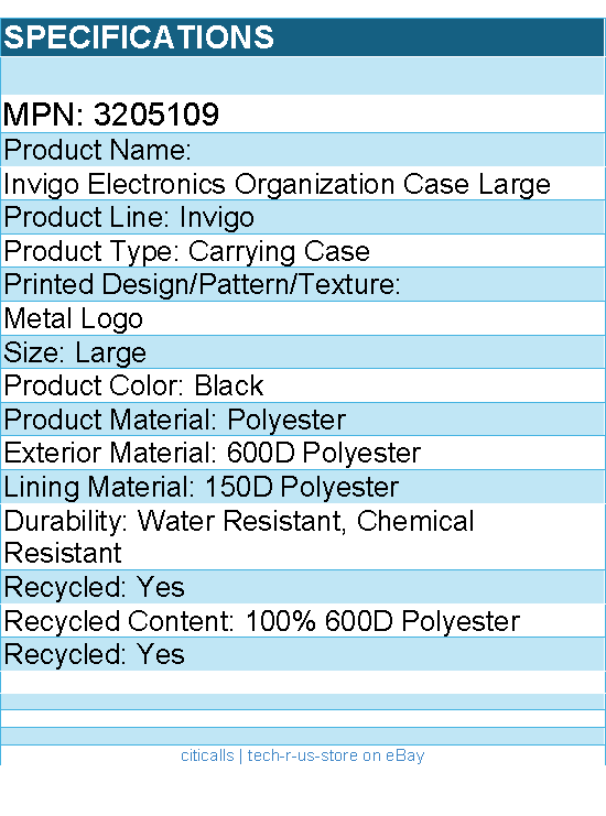Case Logic 3205109 Invigo Carrying Case Electronic Equipment, Cable, Earbud