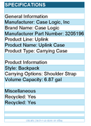 Case Logic 3205196 Uplink Carrying Case (Backpack) - Shoulder Strap