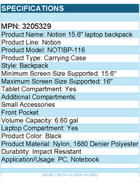 Case Logic 3205329 Notion Carrying Case (Backpack) for 15.6" to 16" PC, Notebook