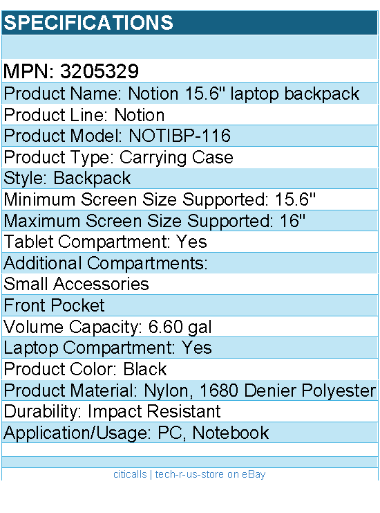 Case Logic 3205329 Notion Carrying Case (Backpack) for 15.6" to 16" PC, Notebook
